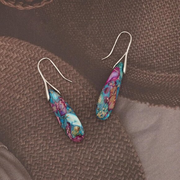 Rainbow Blue - Silver Natural Stone Fishhoop Dangle Statement Earring for Women - Picture 4 of 6